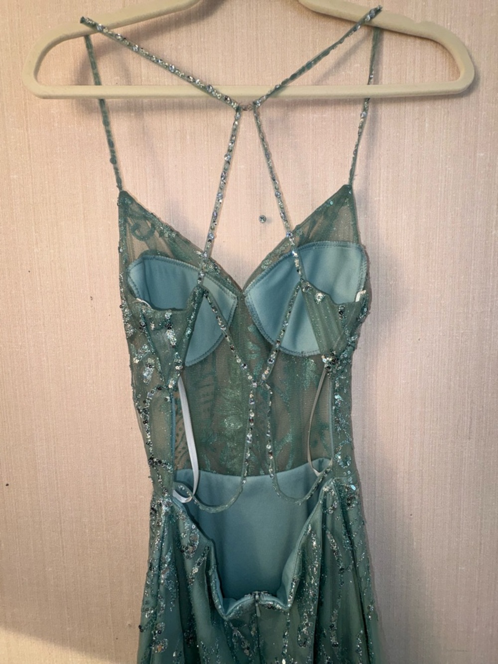 Sage/Sea foam green sequin gown/Open back spaghetti straps/High slit prom dress
